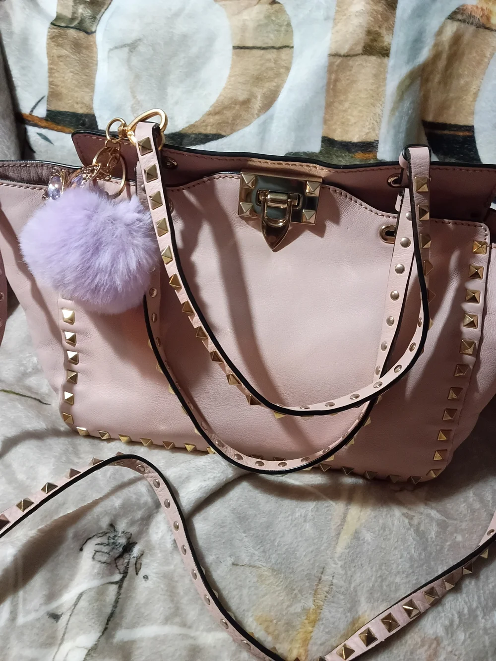 Valentino Garavani Pale Pink Leather Shoulder Bag with Gold Rockstuds